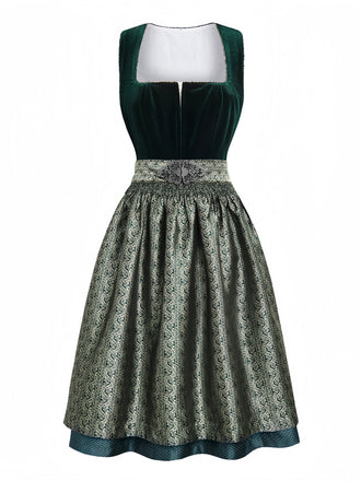 2 Pezzi Abito Scollo Quadrato in Velluto Jacquard con Grembiule Verde Anni '50 2