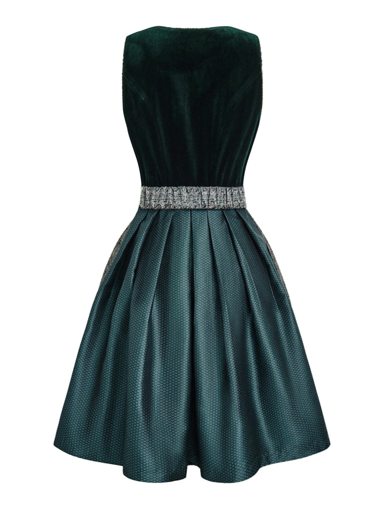 3 Pezzi Abito Scollo Quadrato in Velluto Jacquard con Grembiule e Top in Pizzo Verde Anni '50 7