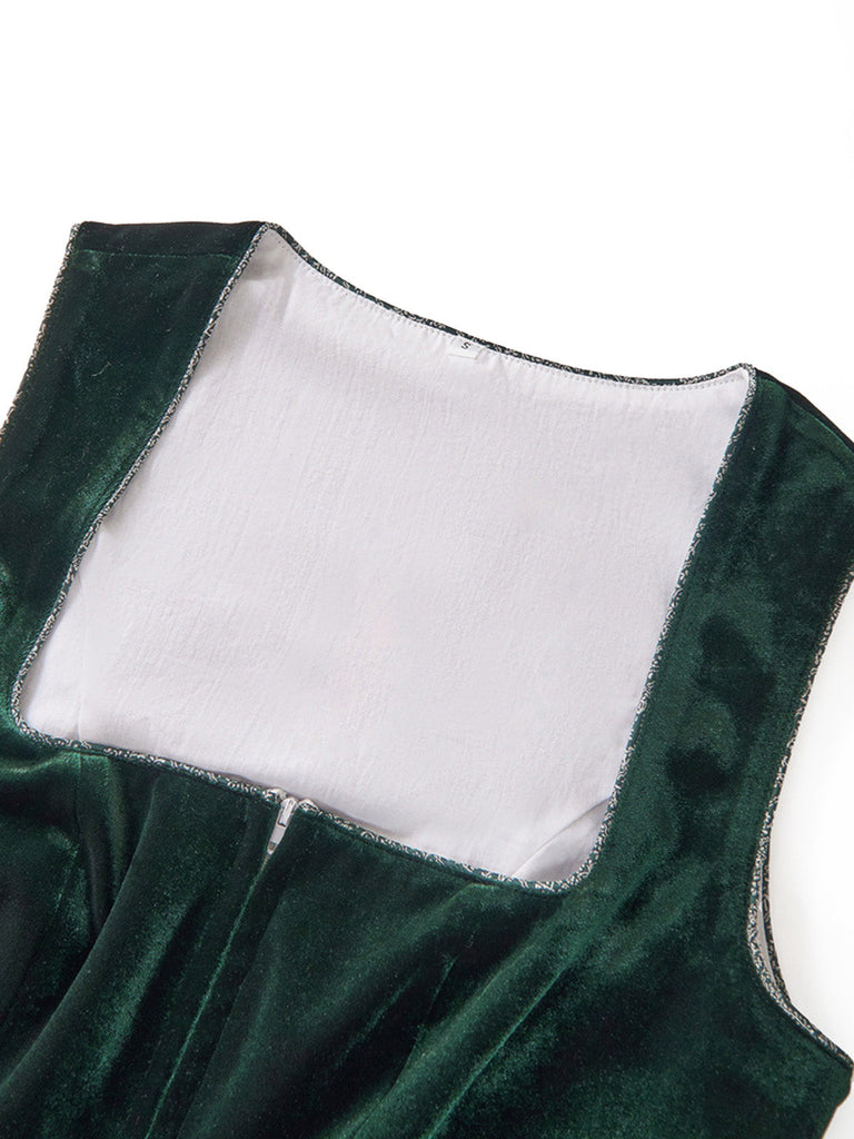 2 Pezzi Abito Scollo Quadrato in Velluto Jacquard con Grembiule Verde Anni '50 5