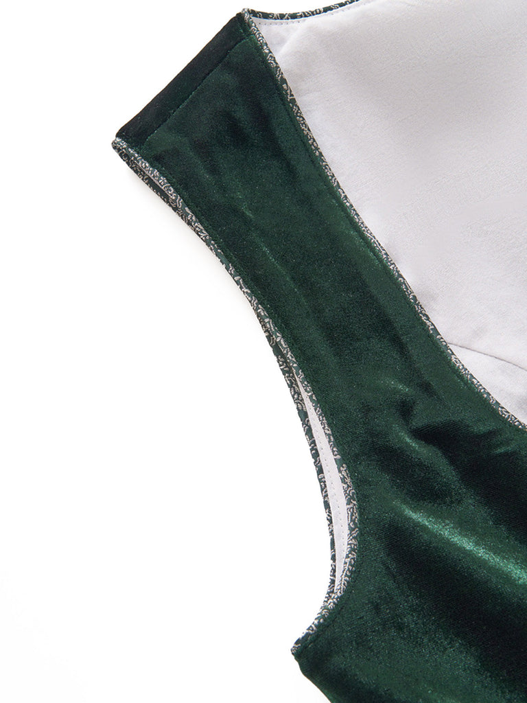 3 Pezzi Abito Scollo Quadrato in Velluto Jacquard con Grembiule e Top in Pizzo Verde Anni '50 9