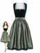 2PCS Abito Verde Anni '50 in Velluto Jacquard con Grembiule e Scollo Quadrato