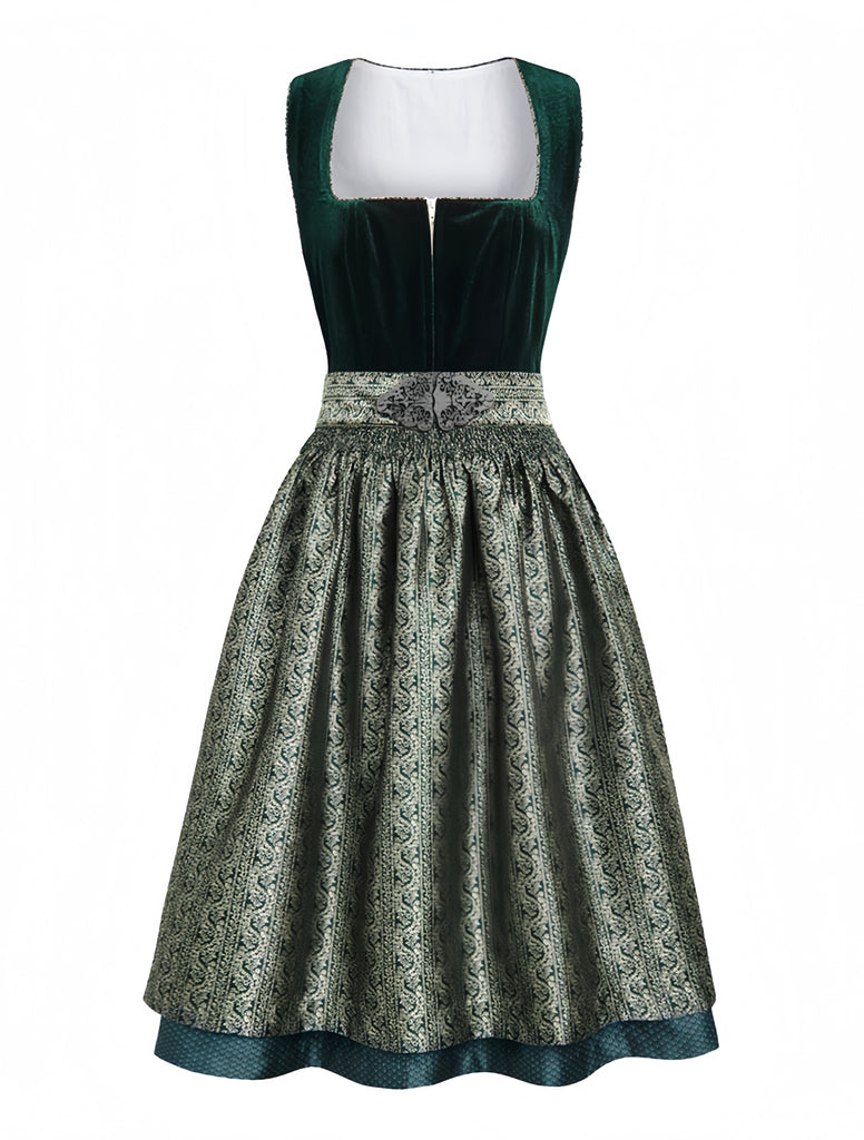 2PCS Abito Verde Anni '50 in Velluto Jacquard con Grembiule e Scollo Quadrato