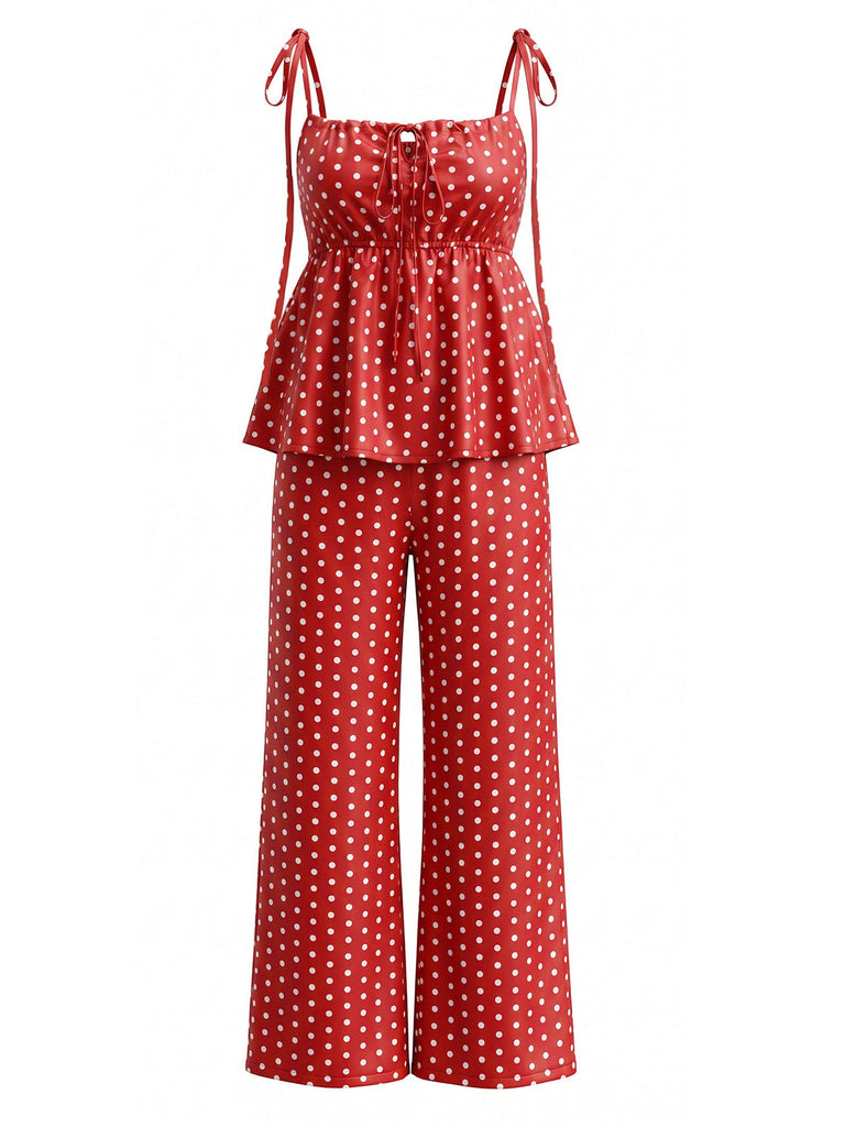 2PCS Top Rosso a Pois con Orlo Peplum e Pantaloni Anni '40 2