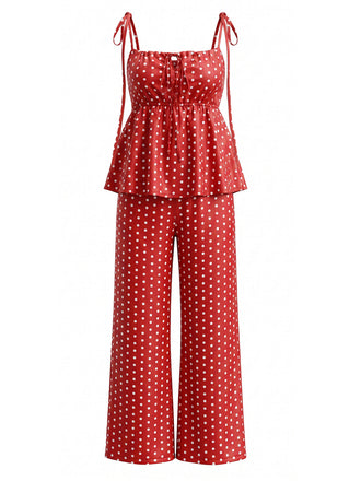 2PCS Top Rosso a Pois con Orlo Peplum e Pantaloni Anni '40 2