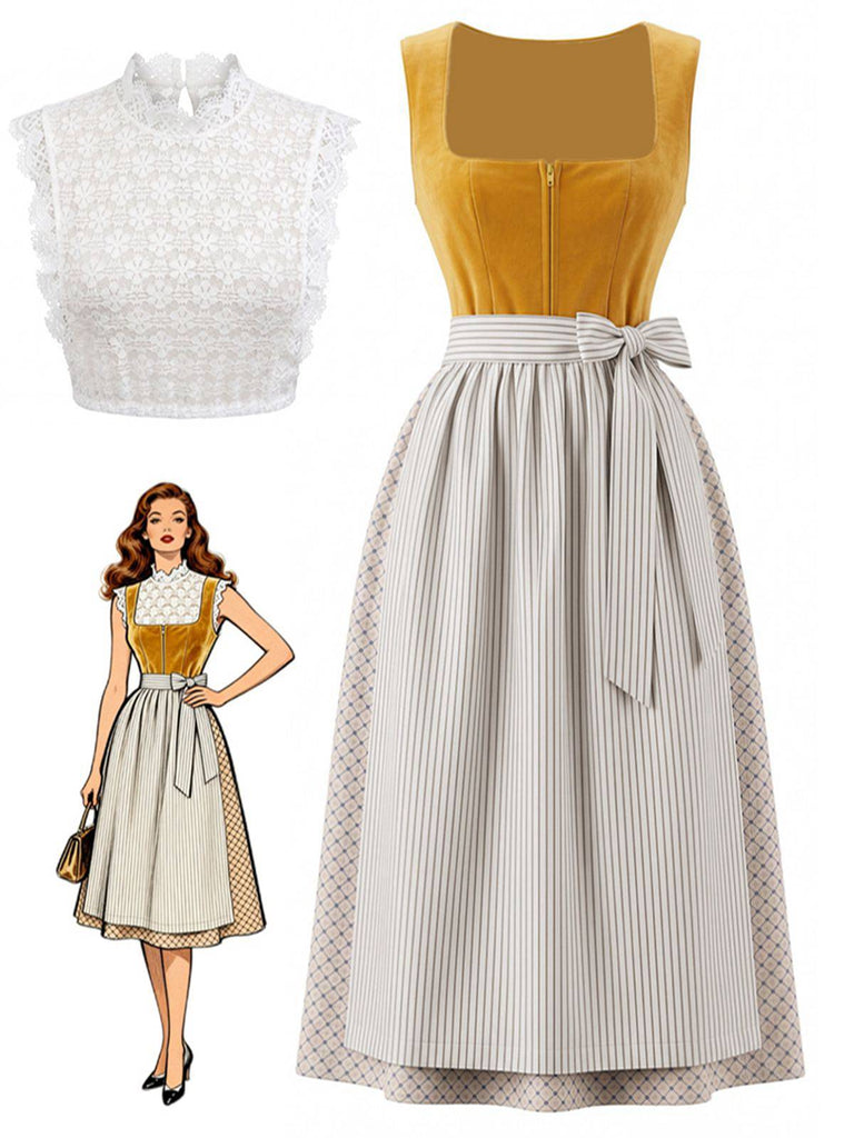 3PCS Abito Giallo con Scollo Quadrato e Grembiule a Righe e Top in Pizzo Anni '50
