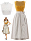 3PCS Abito Giallo con Scollo Quadrato e Grembiule a Righe e Top in Pizzo Anni '50