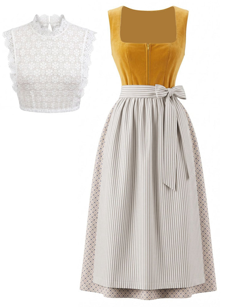 3PCS Abito Giallo con Scollo Quadrato e Grembiule a Righe e Top in Pizzo Anni '50 2