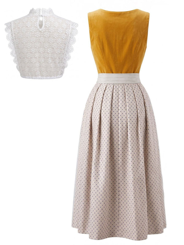 3PCS Abito Giallo con Scollo Quadrato e Grembiule a Righe e Top in Pizzo Anni '50 3