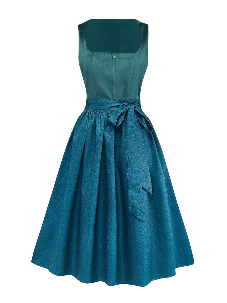 3PCS Abito in Velluto Verde Petrolio con Scollo Quadrato e Grembiule Floreale e Top in Pizzo Anni '50 4