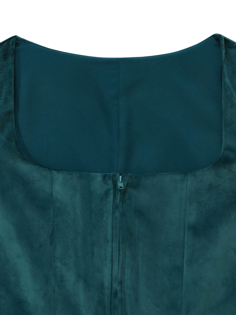 2PCS Abito in Velluto Verde Petrolio con Scollo Quadrato e Grembiule Floreale Anni '50 4