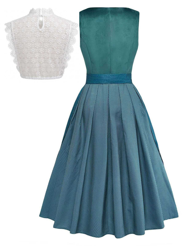 3PCS Abito in Velluto Verde Petrolio con Scollo Quadrato e Grembiule Floreale e Top in Pizzo Anni '50 3