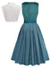 3PCS Abito in Velluto Verde Petrolio con Scollo Quadrato e Grembiule Floreale e Top in Pizzo Anni '50 3