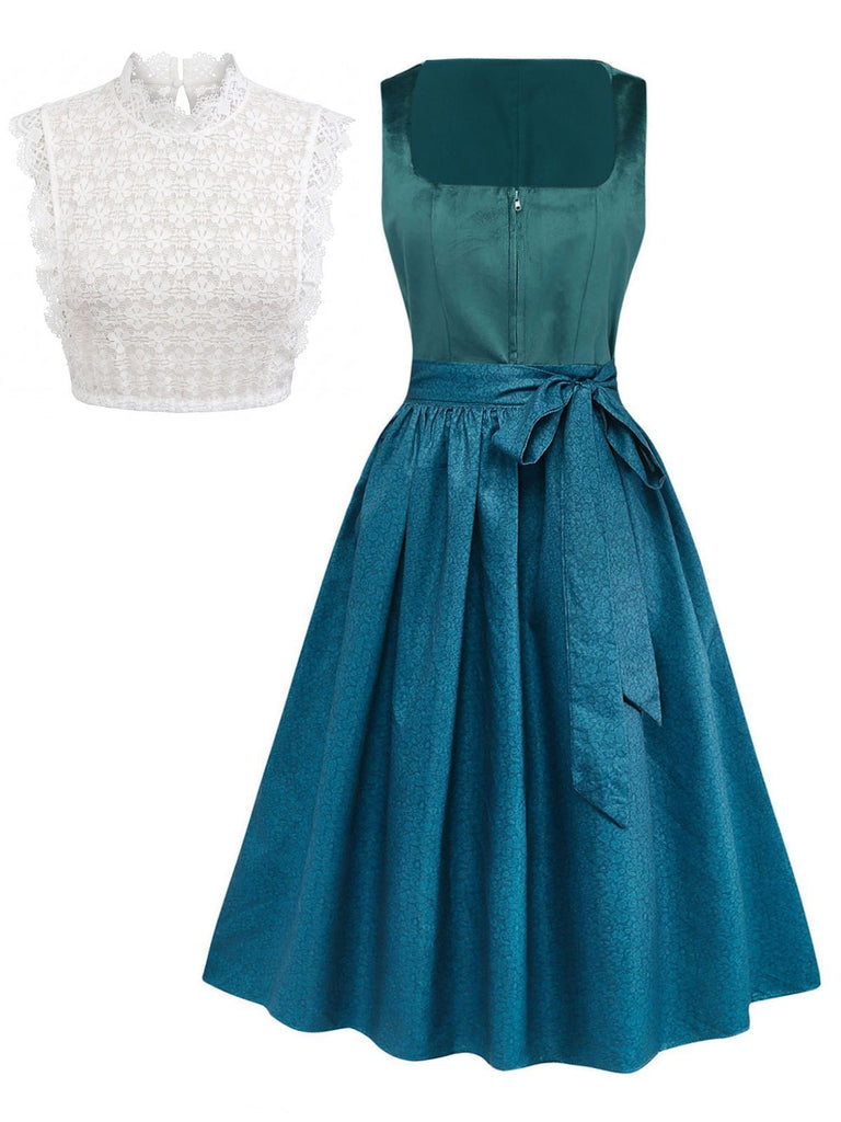 3PCS Abito in Velluto Verde Petrolio con Scollo Quadrato e Grembiule Floreale e Top in Pizzo Anni '50 2
