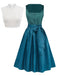 3PCS Abito in Velluto Verde Petrolio con Scollo Quadrato e Grembiule Floreale e Top in Pizzo Anni '50 2