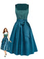 2PCS Abito Blu Anni '50 in Velluto con Scollo Quadrato e Grembiule Floreale