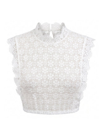 Top Senza Maniche Collo Alto Floreale in Pizzo Bianco Anni '50