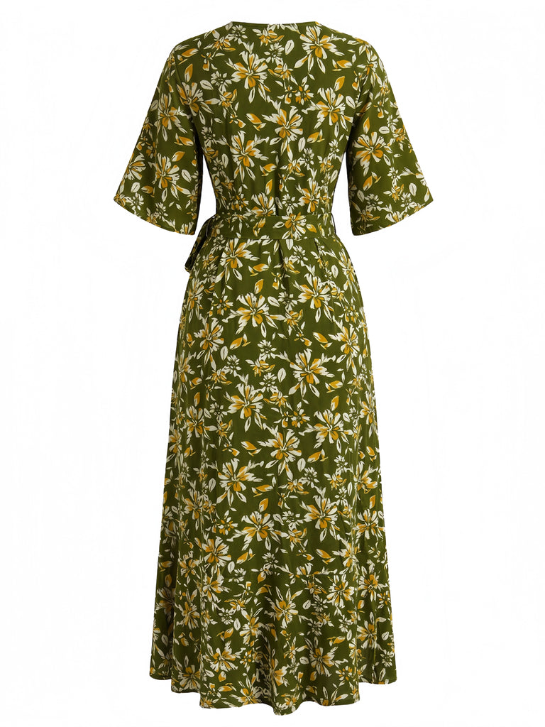 Abito Midi a Portafoglio Boho Stampa Floreale Scollo a V Anni '70 3