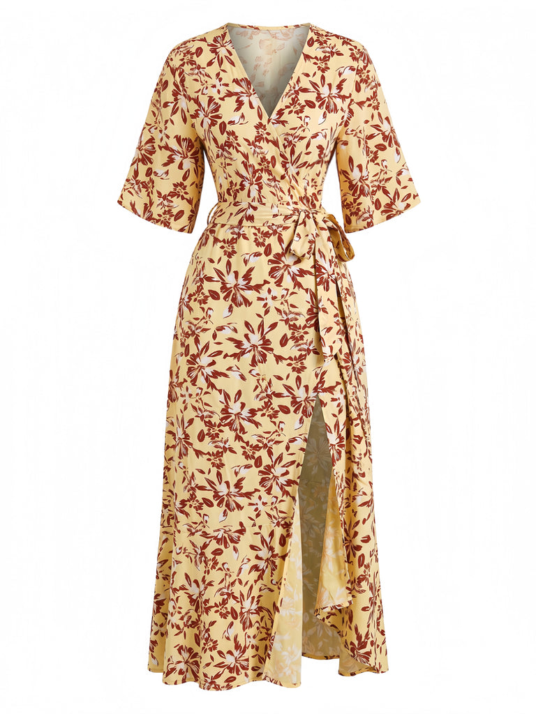 Abito Midi a Portafoglio Boho Stampa Floreale Scollo a V Anni '70 6