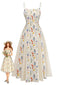 Abito Midi Beige Anni '70 a Piccoli Fiori con Bretelle Sottili
