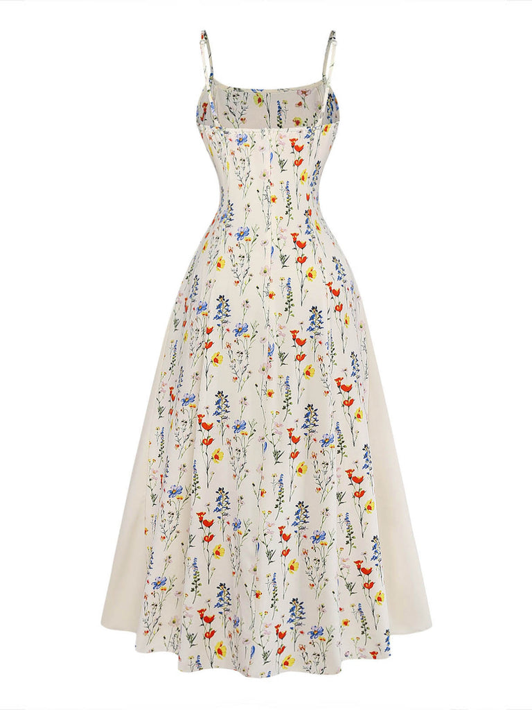 Elegant Beige 1970s Vintage Floral Dress 2
