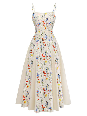 Elegant Beige 1970s Vintage Floral Dress 3