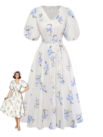 [Prevendita] Abito Midi Beige Floreale Scollo a V Maniche a Sbuffo Anni '40