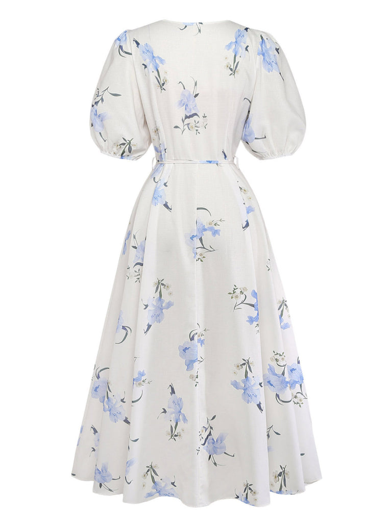 [Prevendita] Abito Midi Beige Floreale Scollo a V Maniche a Sbuffo Anni '40 3