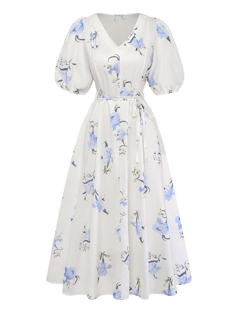 [Prevendita] Abito Midi Beige Floreale Scollo a V Maniche a Sbuffo Anni '40 2