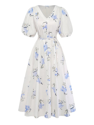 [Prevendita] Abito Midi Beige Floreale Scollo a V Maniche a Sbuffo Anni '40 2