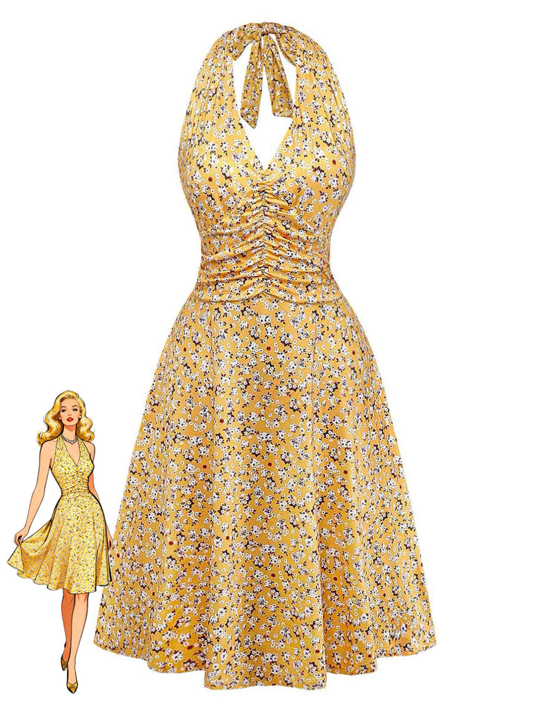 Abito Halter Vita Arricciata a Piccoli Fiori Giallo Anni '50