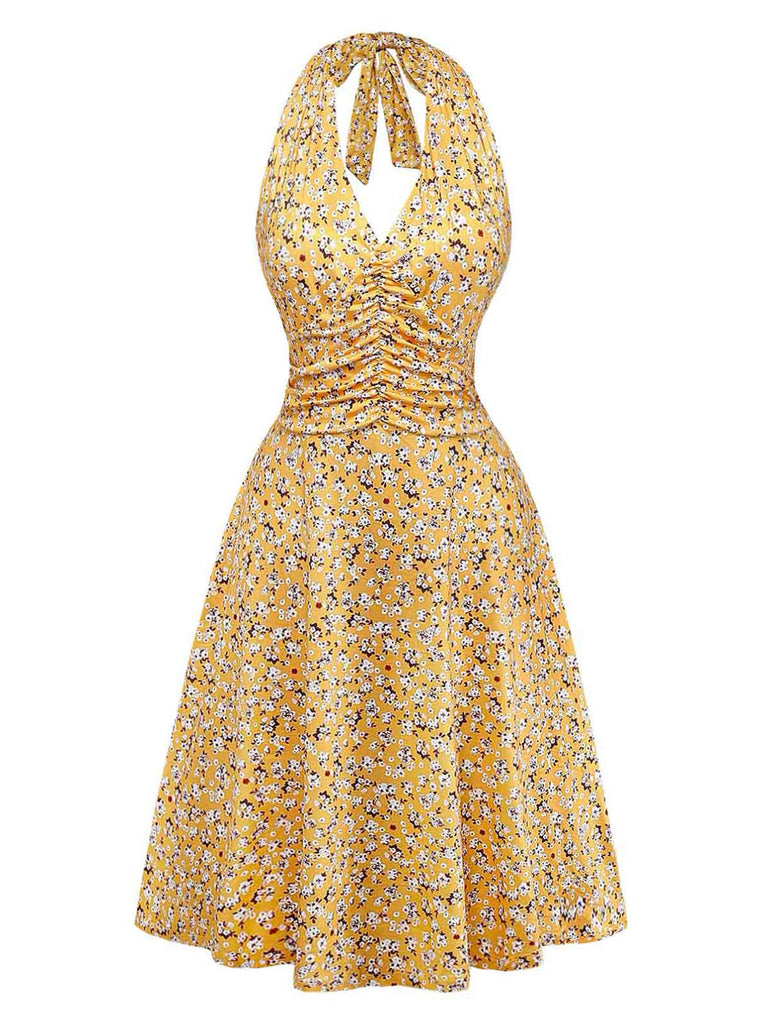 Abito Halter Vita Arricciata a Piccoli Fiori Giallo Anni '50 2