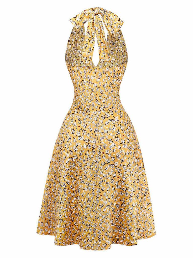 Abito Halter Vita Arricciata a Piccoli Fiori Giallo Anni '50 3