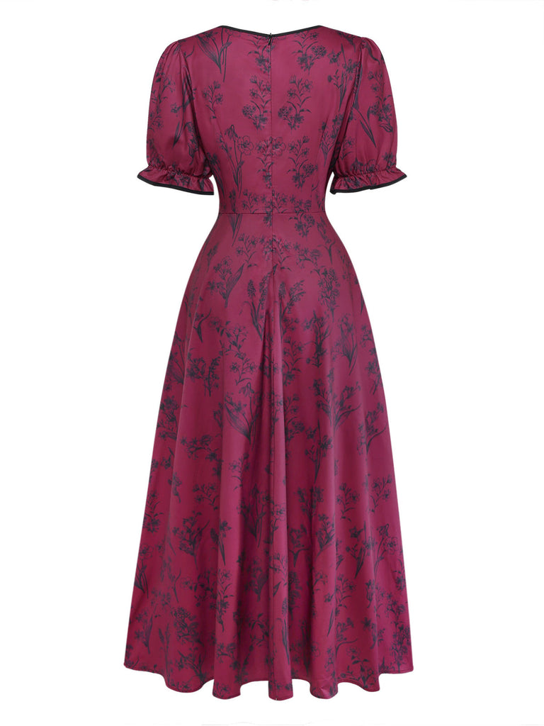Abito Lungo Scollo Quadrato Stampa Floreale Rosso Bordeaux Anni '40 3