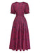 Abito Lungo Scollo Quadrato Stampa Floreale Rosso Bordeaux Anni '40 3
