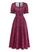 Abito Lungo Scollo Quadrato Stampa Floreale Rosso Bordeaux Anni '40 2