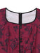 Abito Lungo Scollo Quadrato Stampa Floreale Rosso Bordeaux Anni '40 4