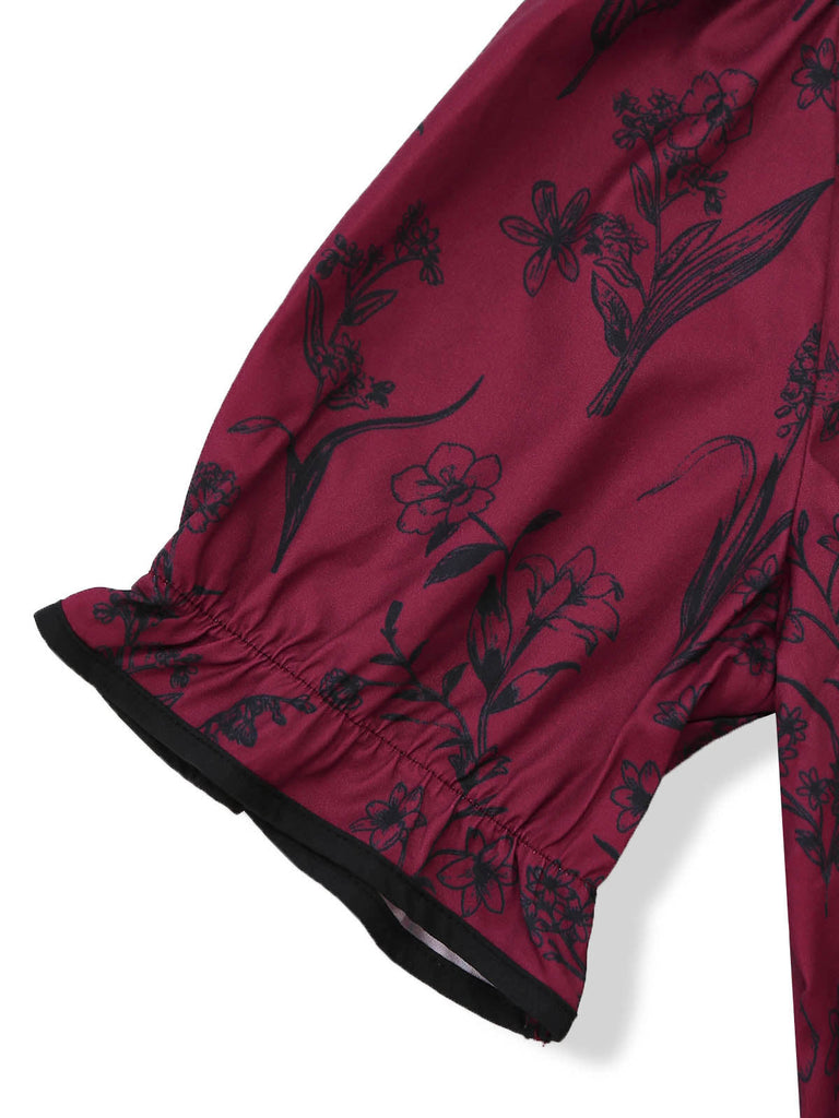 Abito Lungo Scollo Quadrato Stampa Floreale Rosso Bordeaux Anni '40 5