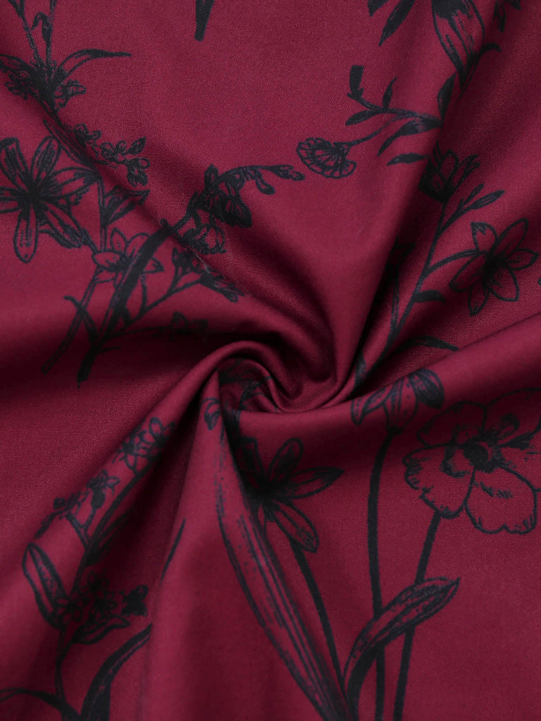 Abito Lungo Scollo Quadrato Stampa Floreale Rosso Bordeaux Anni '40 7
