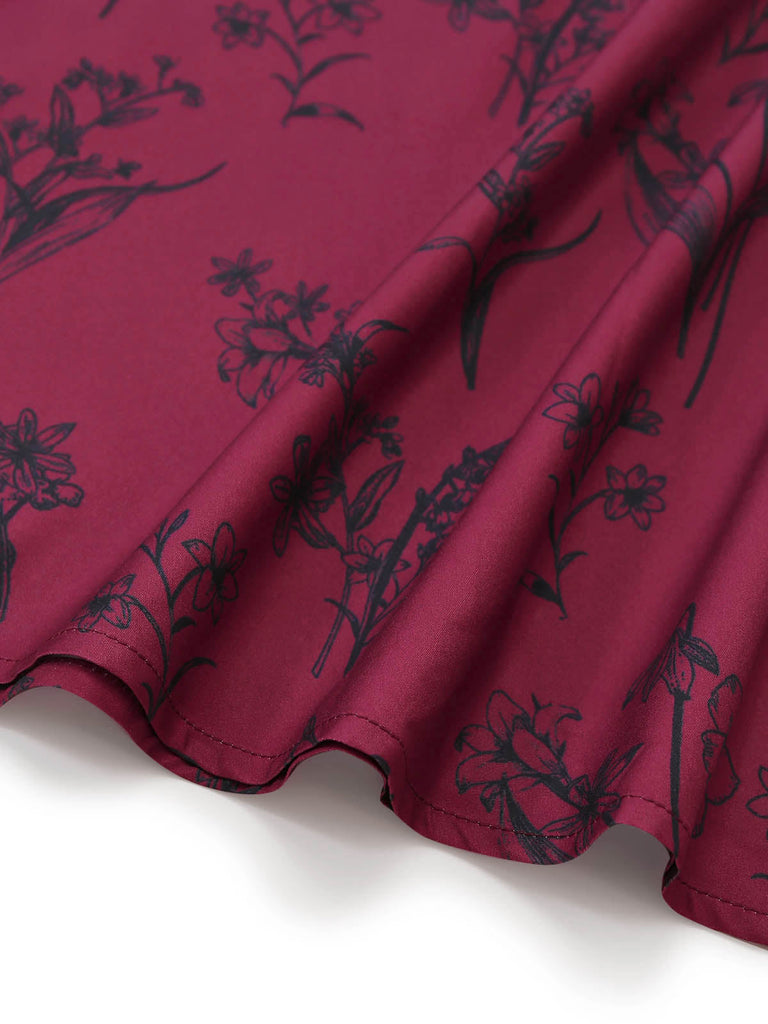 Abito Lungo Scollo Quadrato Stampa Floreale Rosso Bordeaux Anni '40 6