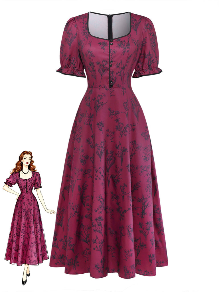 Abito Lungo Scollo Quadrato Stampa Floreale Rosso Bordeaux Anni '40