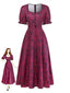 Abito Lungo Rosso Bordeaux Anni '40 Floreale con Scollo Quadrato