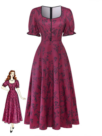 Abito Lungo Rosso Bordeaux Anni '40 Floreale con Scollo Quadrato