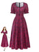 Abito Lungo Rosso Bordeaux Anni '40 Floreale con Scollo Quadrato