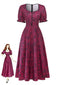 Abito Lungo Rosso Bordeaux Anni '40 Floreale con Scollo Quadrato