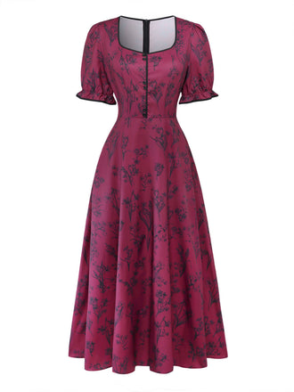 Abito Lungo Rosso Bordeaux Anni '40 Floreale con Scollo Quadrato