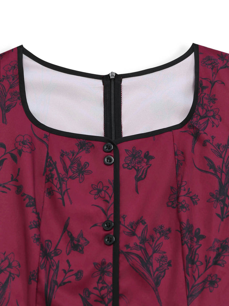 Abito Lungo Rosso Bordeaux Anni '40 Floreale con Scollo Quadrato