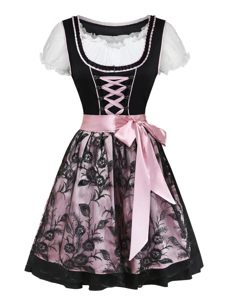 3PCS Abito con Scollo Quadrato e Grembiule in Pizzo Floreale e Top Anni '50 2