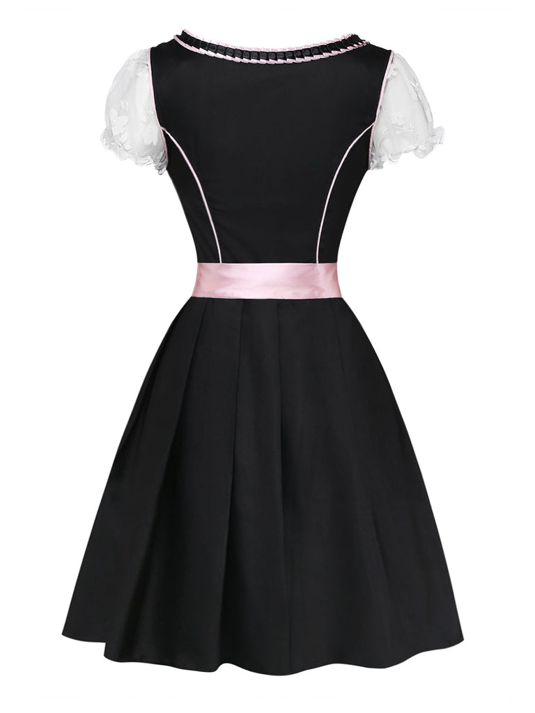 3PCS Abito con Scollo Quadrato e Grembiule in Pizzo Floreale e Top Anni '50 3