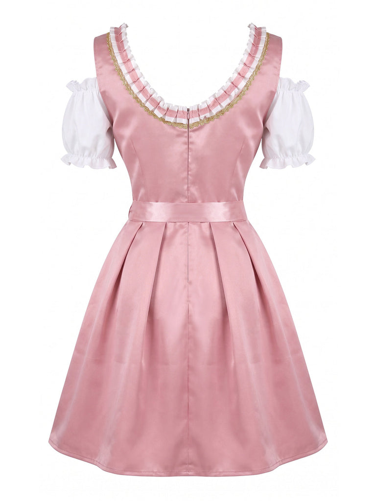 2PCS Abito Rosa con Spalle Scoperte a Sbuffo e Grembiule Ricamato in Pizzo Anni '50 4