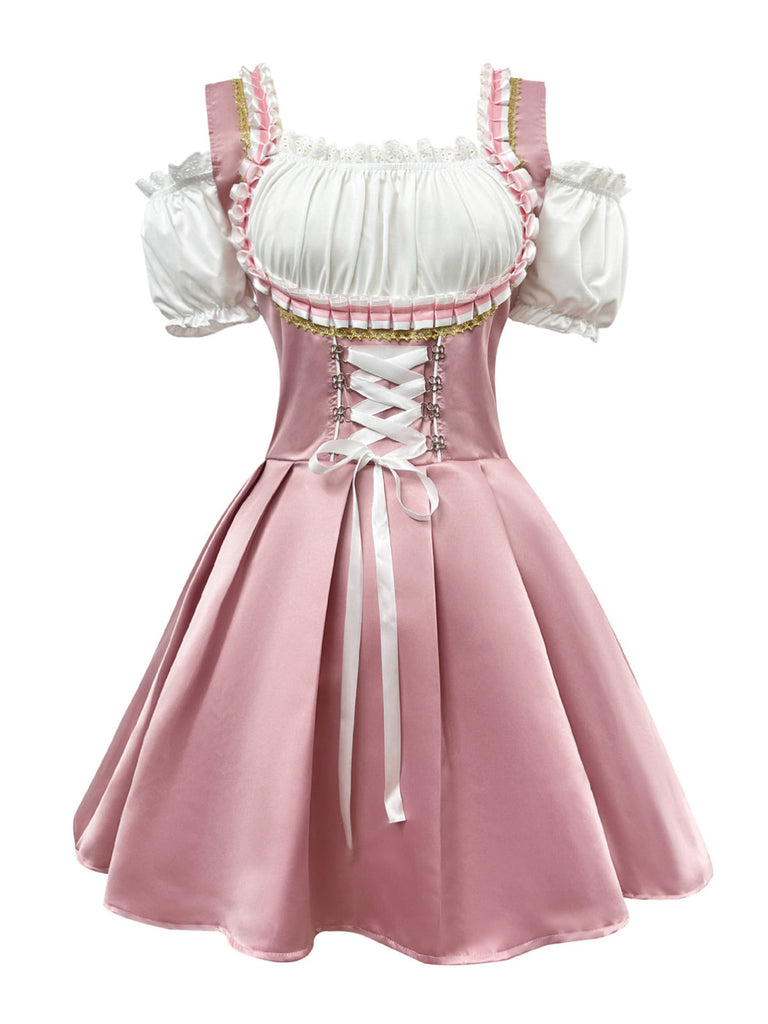 2PCS Abito Rosa con Spalle Scoperte a Sbuffo e Grembiule Ricamato in Pizzo Anni '50 3